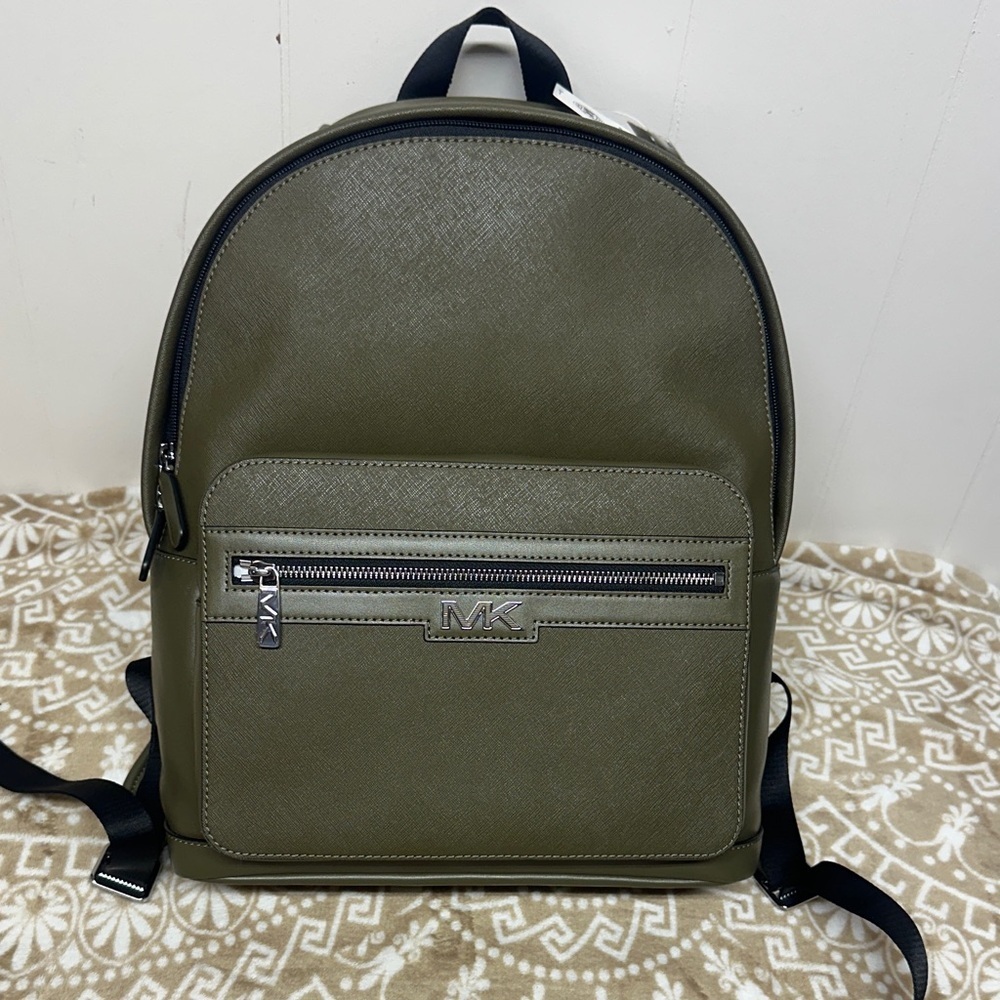 Michael Kors Malone pebbled leather Olive Backpack with Silver Accents